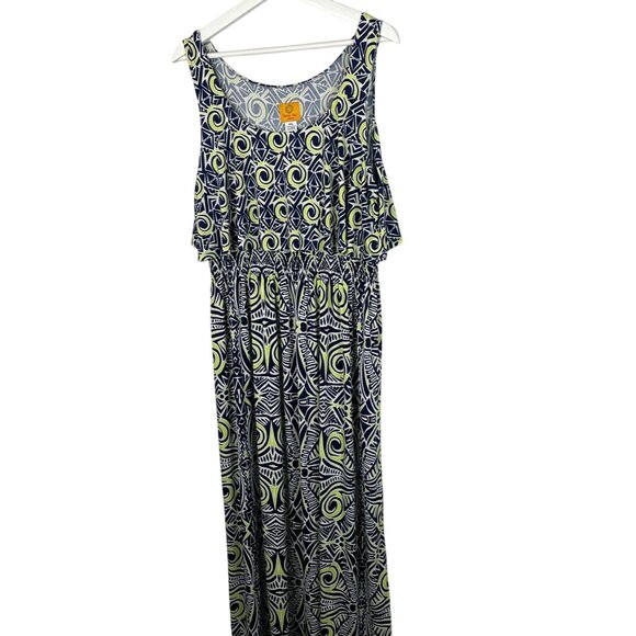 Ruby Rd Plus Size PXL Maxi Dress Tribal Print Navy Lime Sleeveless - Picture 2 of 6